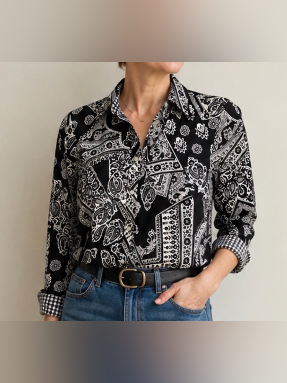 CHAPS Black & White Cotton Paisley Casual Button-Down Shirt Size S